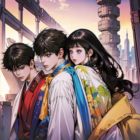 very 80s vaporwave anime style having including very appealing looking attractive young korean couple male and female together a...