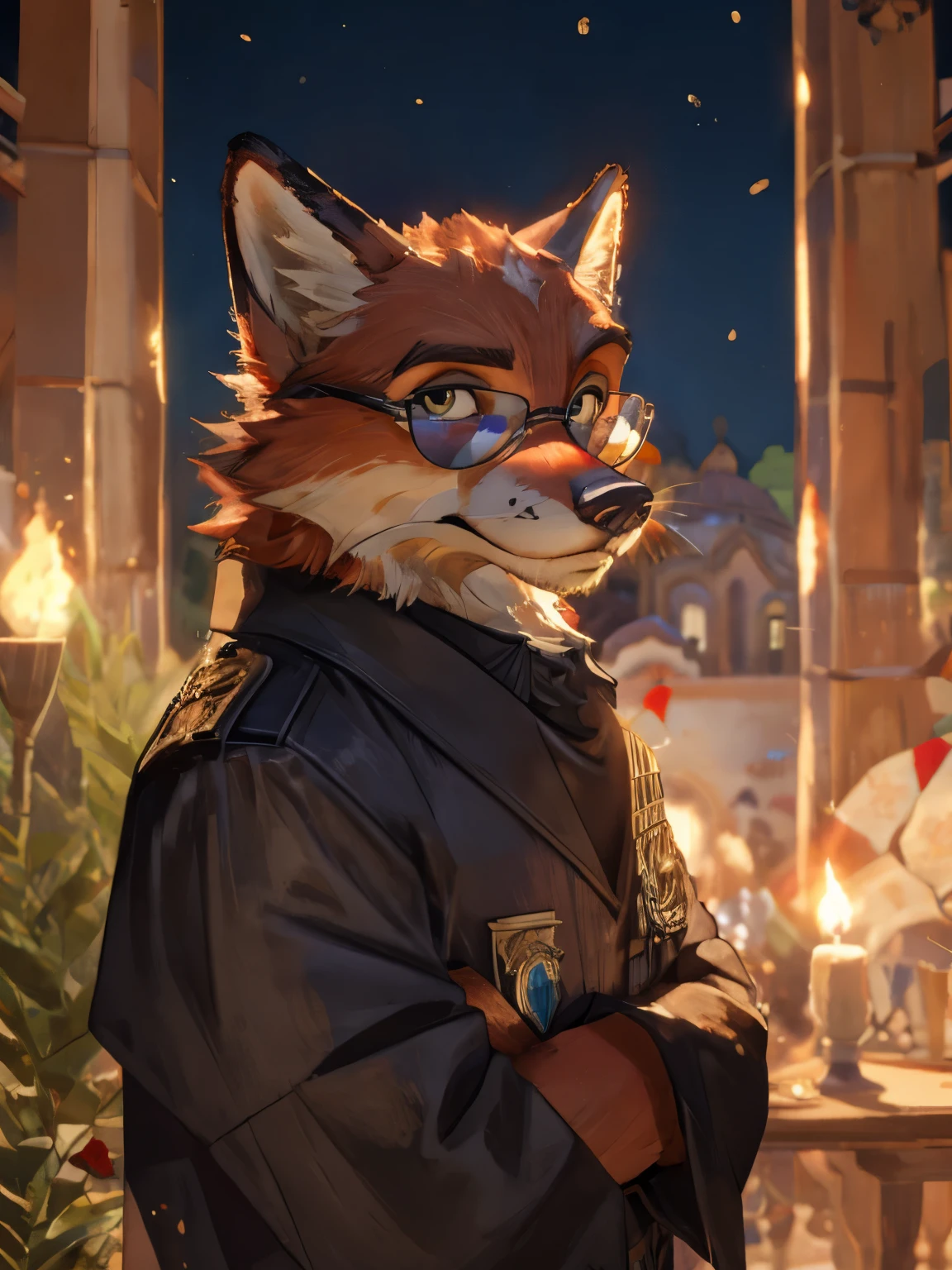 ((An anthropomorphic red fox)) male, with realistic fur, traje negro, ((wearing glasses)), muy esponjoso, pelaje realista en la cabeza, Manos de pelaje negra, mirando al espectador, cara orgullosa, mejor calidad, detallado. En Mexico, Una noche oscura y calida