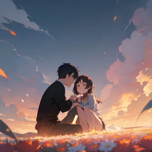 (absurdres), (perfect anatomy), (ingenious angle), beautiful composition, RAW photo, extremely delicate and beautiful, aesthetic,2 people, 2 shots, boy, looking away, 14 years old, friends, flowers, sitting, warm atmosphere, 2 people, cloudy, perfect composition, trending pixiv fanbox, clear eyes, anime hand drawn illustration,