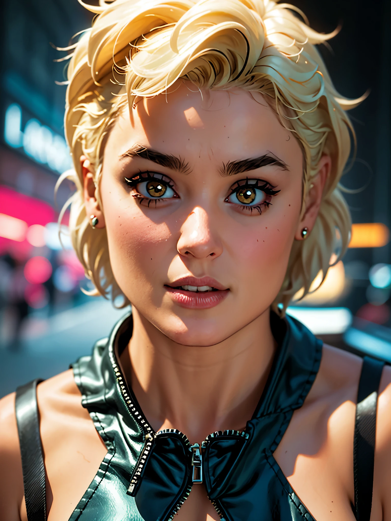 Stefania Ferrario as a Spider Gwen from Marvel Comics, fully body, perfectbody, parted lips, blue colored eyes, short blonde hair, asymmetrical side cut, eyebrow with piercing, gazing at viewer, (work of art), ((best qualityer)), cinematic luzing, ultra-realisitic, ((realisitic)) 