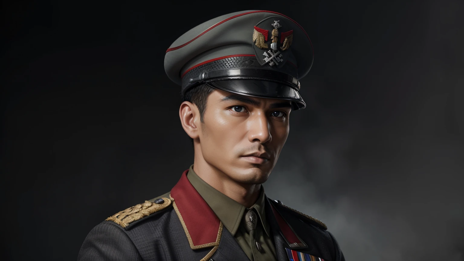 
"Craft a vivid narrative depicting a strikingly handsome Indonesian military officer, his raven-black hair framing sharp features, during World War II. He serves in the Waffen-SS, clad in a steely grey uniform with a military cap adorning his head. Despite his alluring appearance, his demeanor is chillingly cold and lethal. Describe a scene where his ruthless efficiency and merciless nature are on display amidst the chaos of battle, capturing the essence of his character as a formidable and formidable figure on the battlefield." super fine face, super fine eyes, super fine nose, super fine mouth, perfect face, black uniform, uniform, ww2 soldier uniform, ww2 german soldier officer uniform, waffen ss uniform, Wehrmacht uniform, super realistic waffen ss uniform.