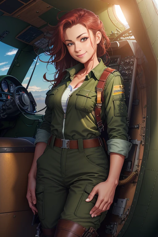 High-Definition Illustration, 4K Resolution, (Perfect Portrayal: 1.2), High Detail (1.2), Aviation, Mechanic, Female, 32 Years,  Alluring, Charming, Khaki Green Overalls, Brown Leather Boots, Rugged Elegance, Narrow Hangar, Low Ceiling, Bright Red Reciprocating Engine Plane, Aerobatics, Mid-Wing Design, Single-Engine Aircraft, Wooden Propeller, (Raised Smile: 1.1), Tonned Abs, Sleeves Wrapped Waist, Warm Tone, Detailed Illustr