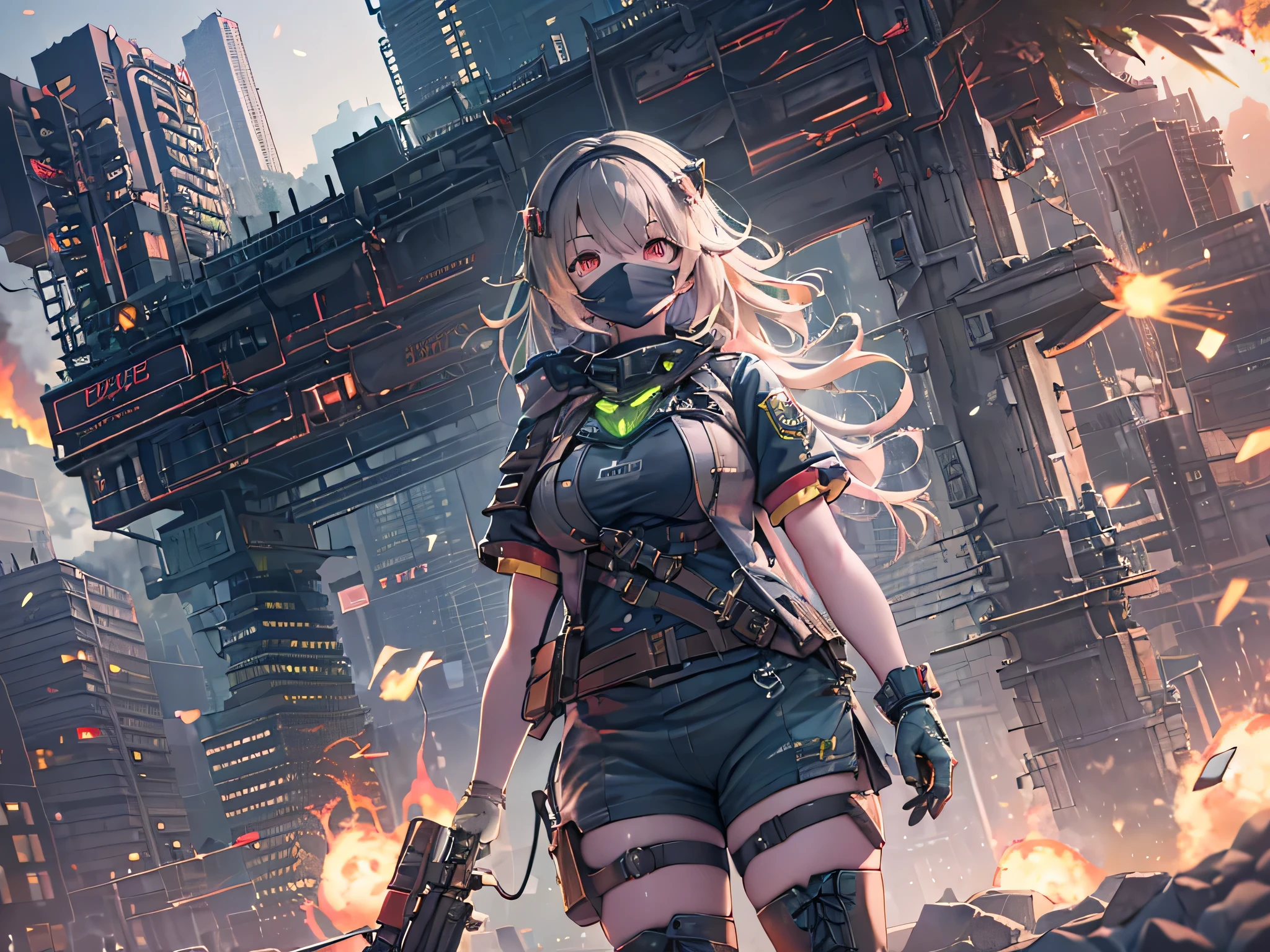 ((High quality)), ((masutepiece)), 8K, 2girls, bulletproof vest, llight rays, extremely detailed CG unity 8K wallpaper, Game CG, Looking at Viewer, gloves, long boots, Full body, Watch, a computer, Mask, drone, holding weapon, headphones, Jacket, (Background Destruction City , explosions , Smoke