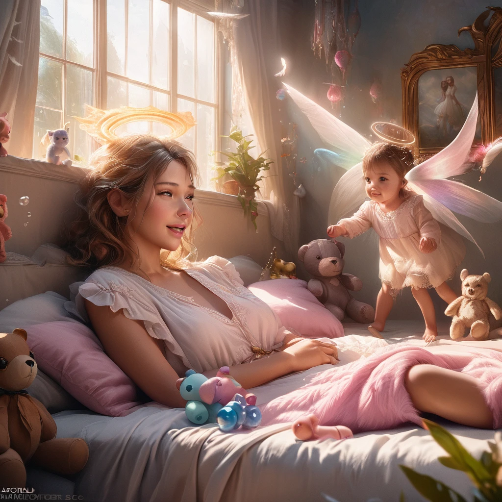 An angelic otter with wings and a halo visits a sleeping girl in her bedroom and plays with her toys, mischievous 