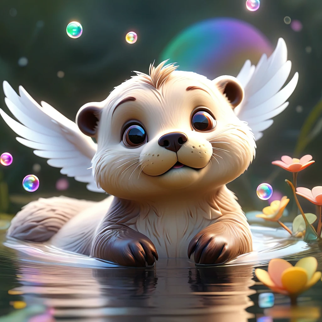 An angelic otter with wings and a halo visits a sleeping girl in her bedroom and plays with her toys, mischievous 