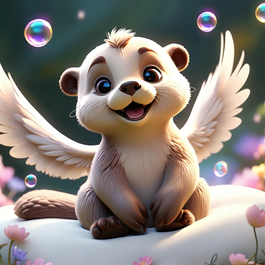 An angelic otter with wings and a halo visits a sleeping girl in her bedroom and plays with her toys, mischievous 