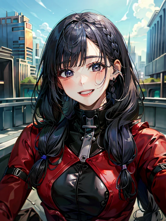 masterpiece、High resolution、High resolution、high quality、High resolution、10th generation woman、Braiding、Beautiful lipoist lips、Very large breasts、Courting face、Smiling with teeth showing、((near))、((Rubber Suit))、Near future city