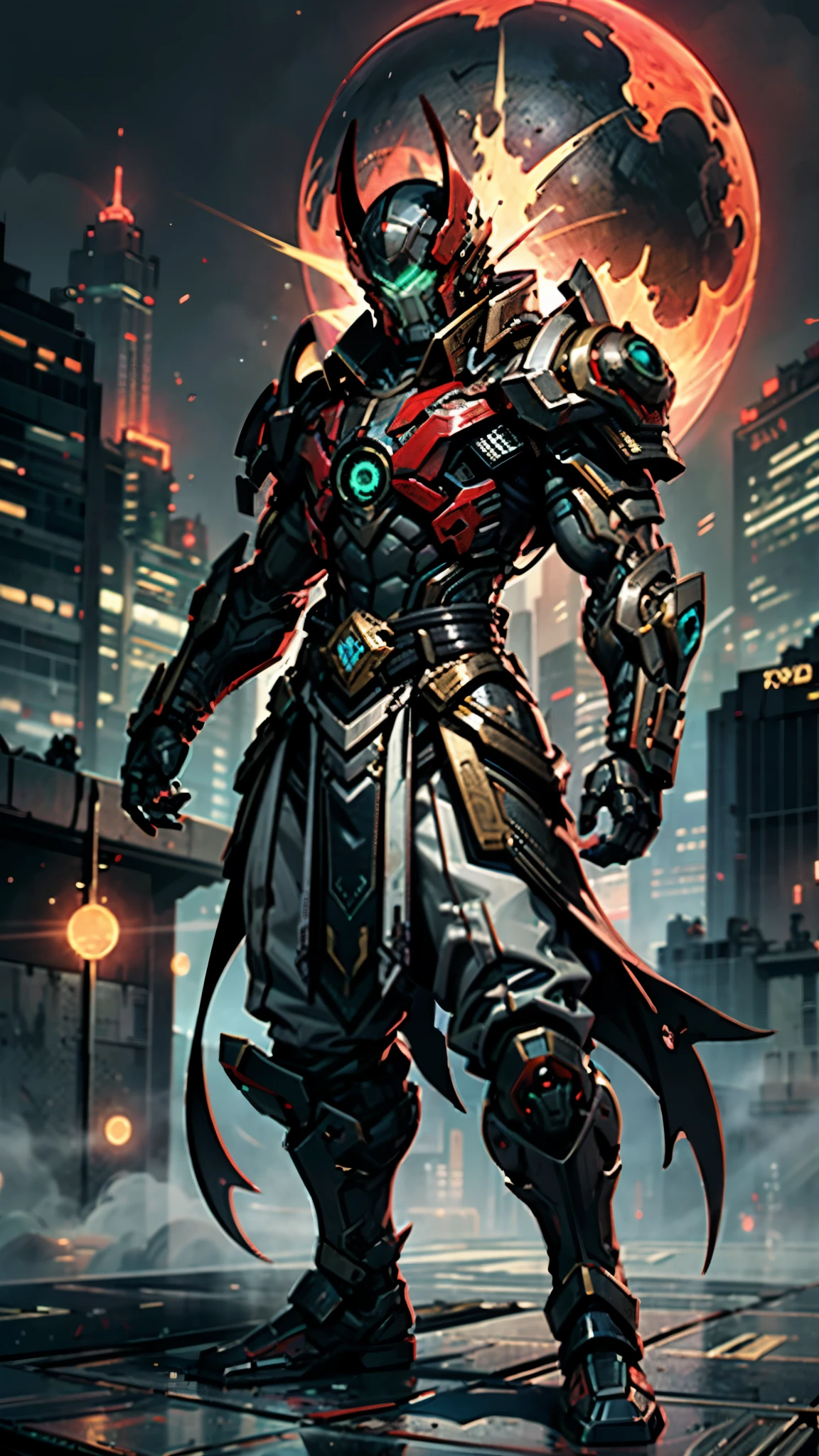 A man wearing a full-face helmet, a fantasy-style biotech armored combat suit, green eyes, (a composite layered chest armor), fully enclosed shoulder guards, matching arm and leg guards, the belt is adorned with fangs biting into orbs, (the color scheme is primarily black with red accents), the design balances heavy with agility, a high-tech bio-mecha armor, (Bat concept Armor, stand on the top of a skyscraper in a futuristic sci-fi city), this character embodies a finely crafted fantasy-surreal style armored hero in anime style, exquisite and mature manga art style, (element, plasma, energy, the armor glows), ((male:1.5)), metallic, real texture material, dramatic, high definition, best quality, highres, ultra-detailed, ultra-fine painting, extremely delicate, professional, perfect body proportions, golden ratio, anatomically correct, symmetrical face, extremely detailed eyes and face, high quality eyes, creativity, RAW photo, UHD, 32k, Natural light, cinematic lighting, masterpiece-anatomy-perfect, masterpiece:1.5