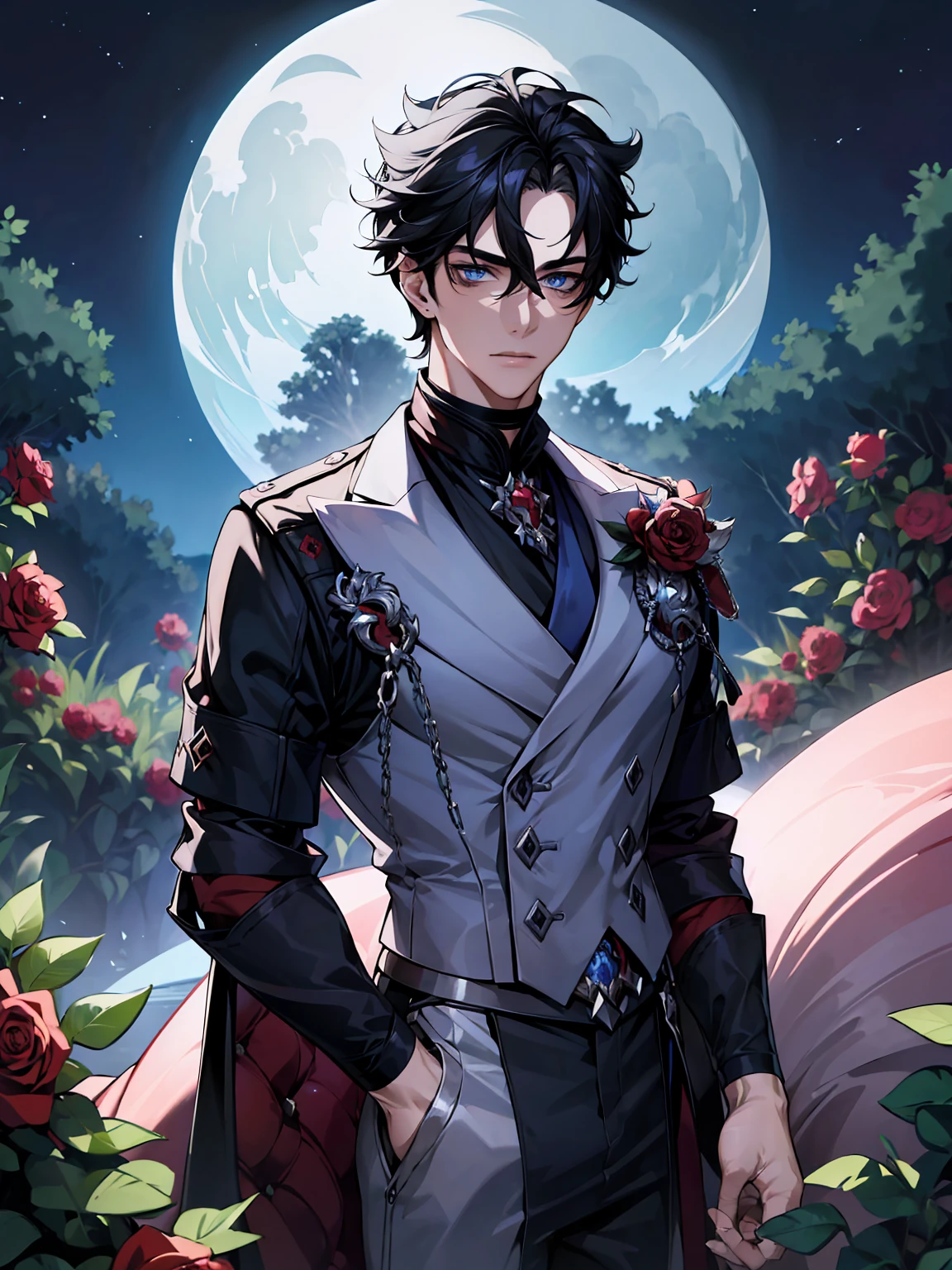 (absurdres, highres, ultra detailed, HDR), masterpiece, best quality, Wriothesley, 1man, solo, handsome, black hair, vibrant blue eyes, finely eye and detailed face, garden, red roses, moon