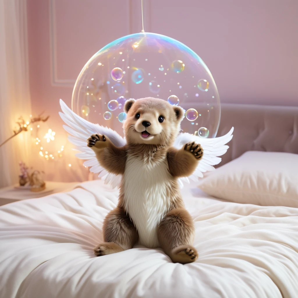 An angelic otter with wings and a halo visits a sleeping girl in her bedroom and plays with her toys, mischievous 