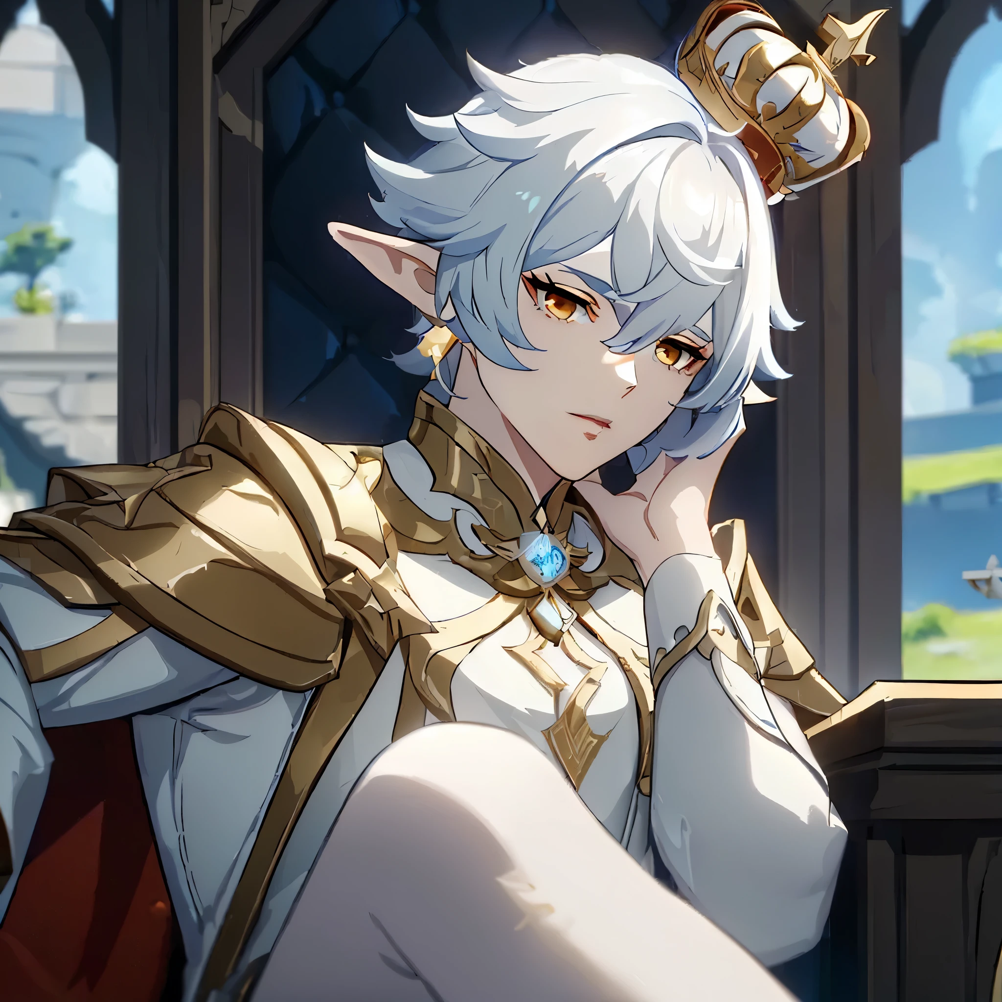 (Masterpiece), (Best quality), (((1male))), Short hair, white hair, solo, short feathered pixie haircut, HD quality, (((High Resolution))), orange-gold eyes, elf, pointy ears, wears soft red eyeshadow, golden earrings, crown, pale skin, white royal clothes, (juicy lips), lushes lips, lean but has some muscles, (male focus), sitting on luxurious throne, perfect eyes, (perfect hands:1.1), (close up:1.3), (RPG style of genshin impact), ((RPG style of genshin impact)), (((Genshin impact screenshot:1.3))), (genshin impact shaders), detailed RPG shaders