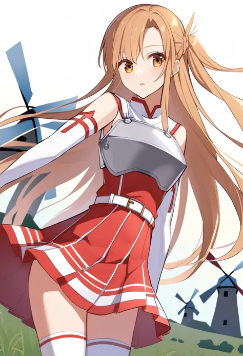 asuna_\(star\), length_hair, skirt, red_skirt, independent_sleeve, windmill, white_knee socks, brown_hair, brown_eye, breastplat...