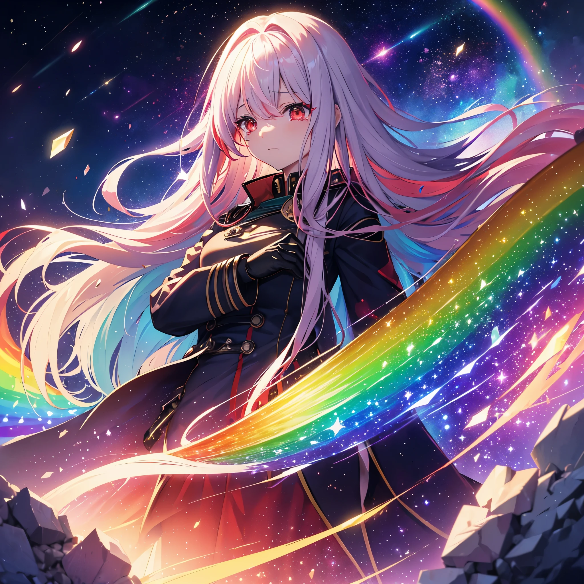 ((Fantasy　Rainbow Hair　Long Hair　Dull red eyes　Have a galaxy　uniform　Put on a coat without putting your arms through it　Lonely　despair))　((Tears　gloves))　(Broken glass　Distorted Space-Time　star　moon)　Catch the wind　fall　Shining Background　Particles of light, shining edges