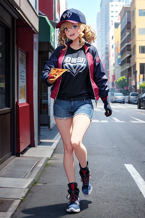 Anime Art、Full body portrait、Shadowrun、Future SF delivery guy、A woman, about 170cm tall, around 38 years old, wearing a T-shirt, jacket and shorts, eating pizza while walking、Short, medium length, curly blonde hair、Laughing with mouth open、Blue Eyes、Wearing a cap cap、sports boots、Drones are being brought along、Sitting on the front of a pickup truck