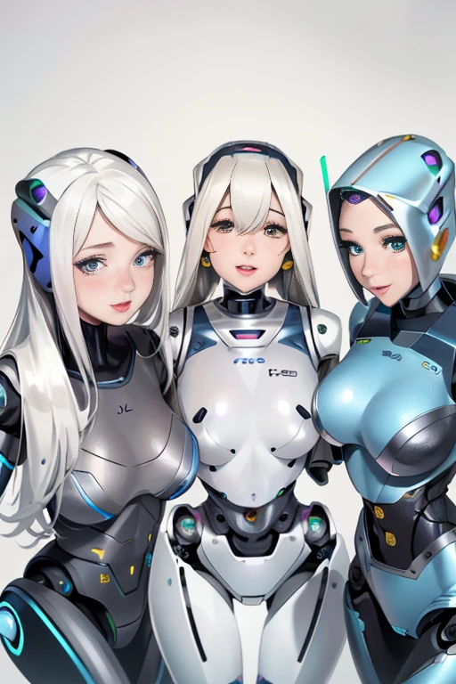 High resolution, Detailed Background, highest quality, Beautiful and dense face, Beautiful, smooth skin, Skin Texture, ((Three beautiful female robots in their twenties:1.5)), All of their internal skeletons are exposed.., Everything is mechanical except for the face., Full Body Shot, Cute hairstyle, Huge breasts, smile, They are all touching each other&#39;Body because they just had their maintenance done., Everyone is proud of their body, All have floral and pastel colored internal skeletons, From ankle down, Feet in roller skates, The bright colors and patterns on the interior structure create a cute and glamorous look.., (Braided Ponytail、Cute hair cot#39;I&#39;I can&#39;t wait to go outside in my new body...、Looking at each other&#39;Body、Laughter、smile、smile)