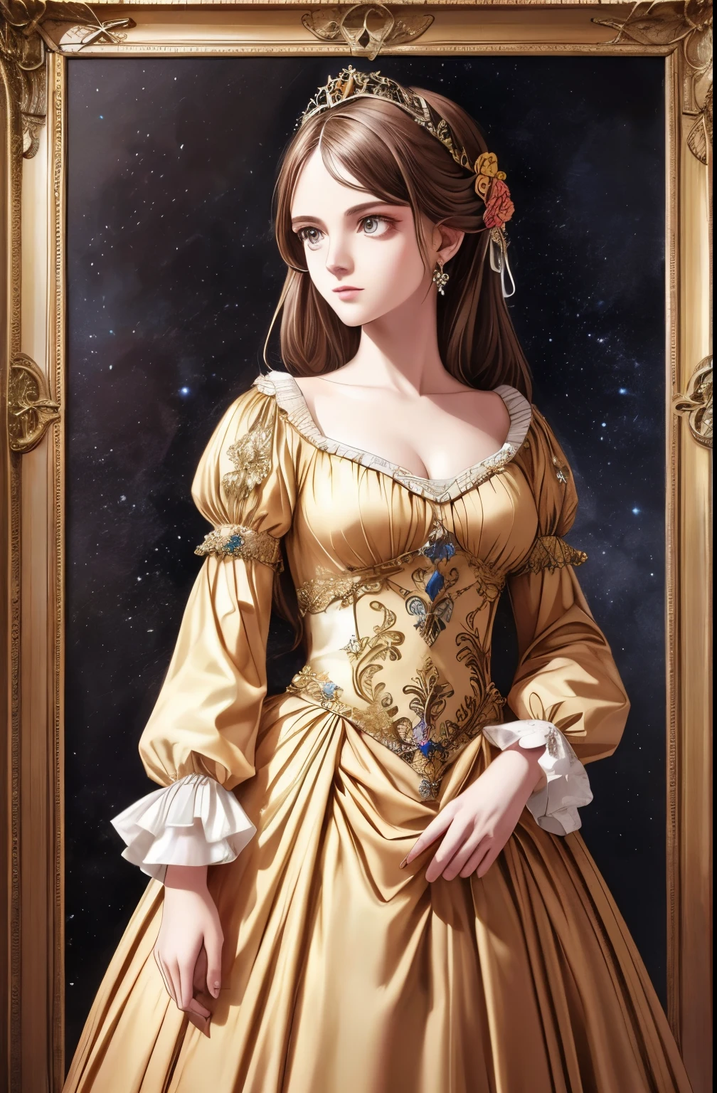 (best quality,high resolution,ultra-detailed), 1 girl, starry eyes, standing alone, Baroque style, long dress, long sleeves, elegant, colorful, most detailed, upper body