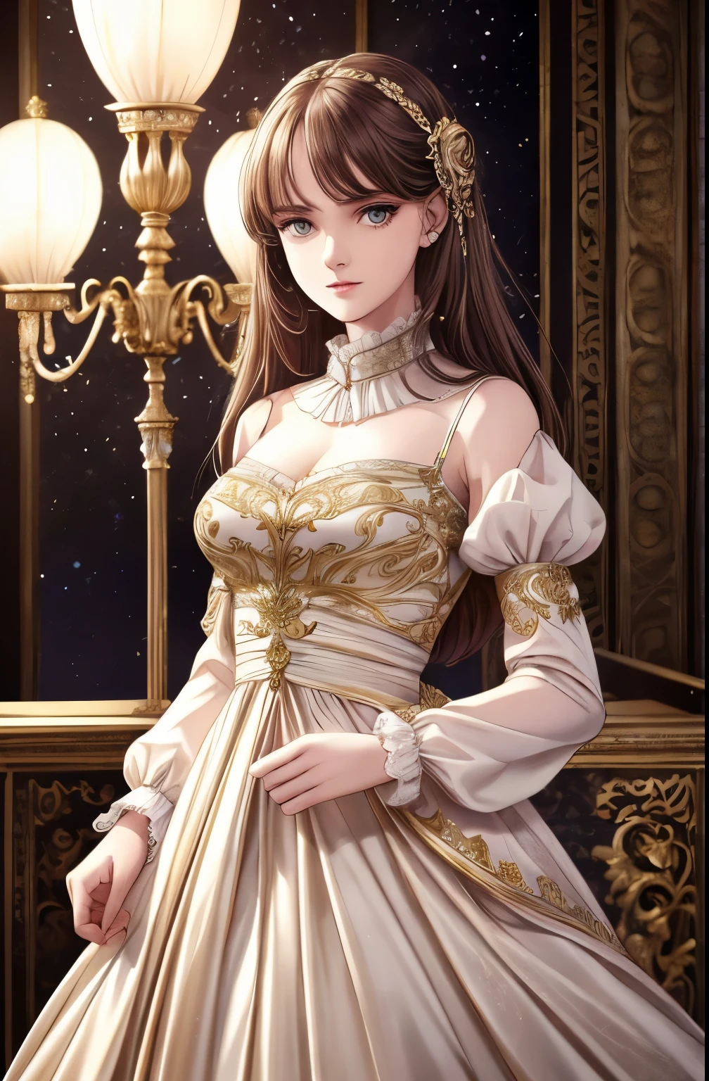 (best quality, highres, ultra-detailed:1.2), alone, 1girl, starry eyes, baroque style, long dress, long sleeves, elegant, vibrant, extremely detailed, upper body