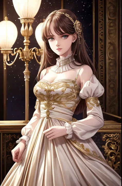 (best quality, highres, ultra-detailed:1.2), alone, 1girl, starry eyes, baroque style, long dress, long sleeves, elegant, vibran...