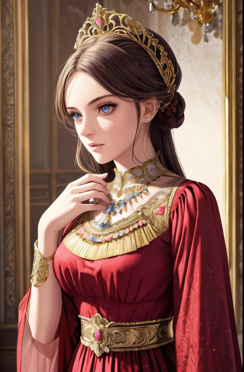 (best quality, highres, ultra-detailed:1.2), alone, 1girl, starry eyes, baroque style, long dress, long sleeves, elegant, vibrant, extremely detailed, upper body