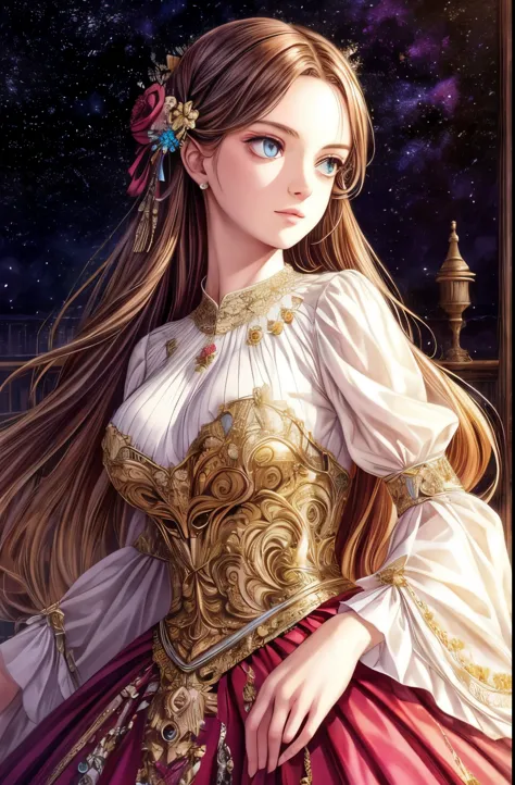 (absurd, high resolution, super detailed), 1 girl, starry eyes，solitary,  baroque, long skirt, long sleeve, elegant, rich and co...