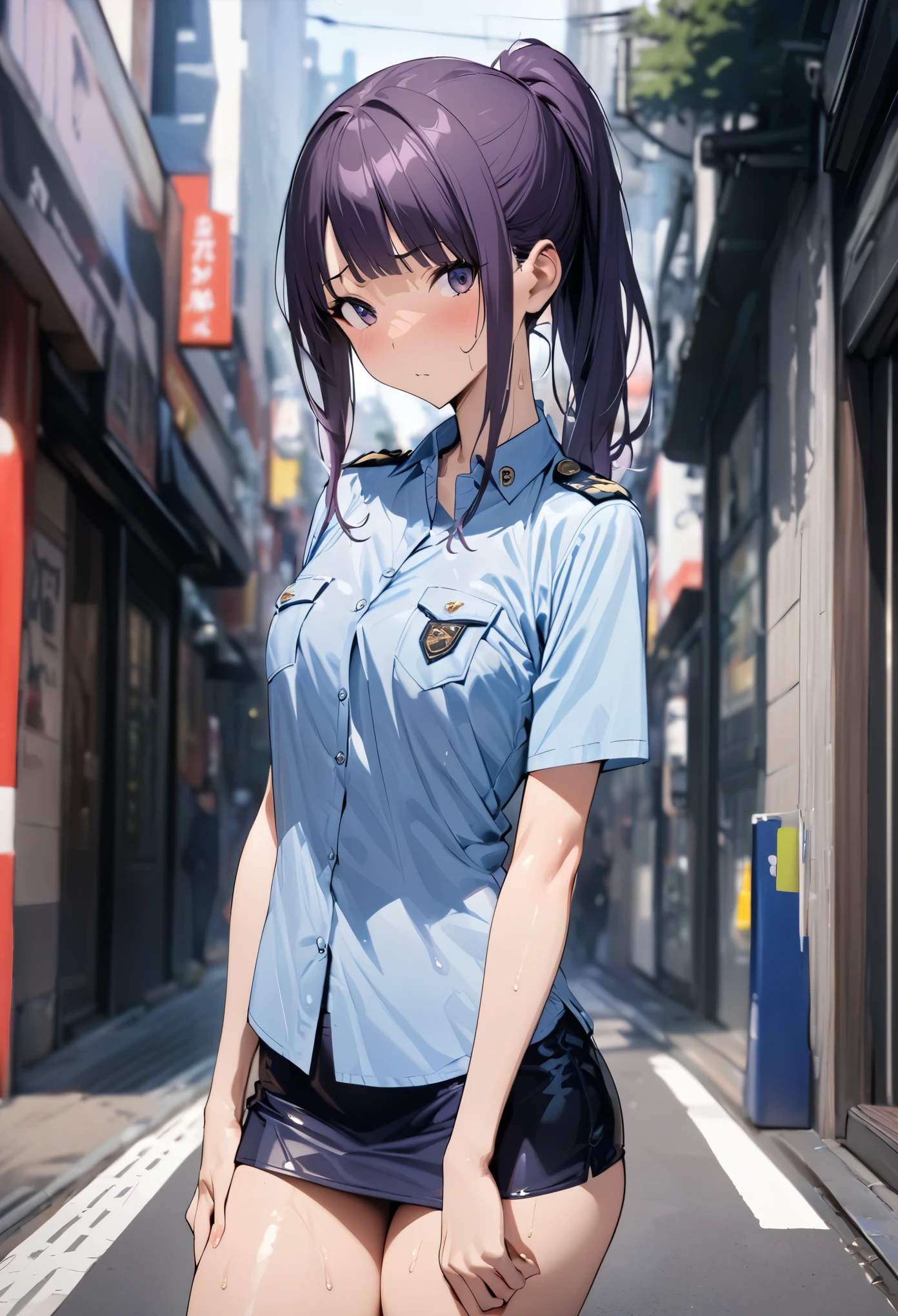 (masterpiece, highest quality:1.2),1 cowboy shot,girl,18 year old beauty、solo,ponytail hair,dark purple hair,slender body,skinny,medium breasts,oily skin,shiny skin,Police uniform、light blue shirt,Short sleeve、mini skirt、on street,Shibuya、Tokyo、