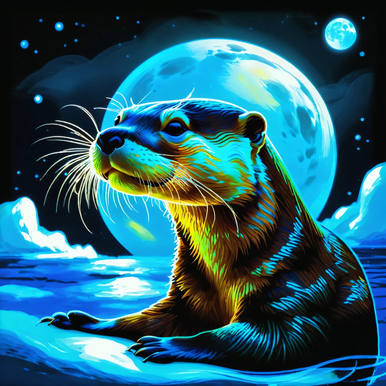 1 glowing otter. (Digital art of transparent otter painted with blacklight responsive light blue paint: 1.3, 3D, octane rendering, blacklit background), UV blacklight: 1.3, luminous, neon colour: 1.3, Otter glowing eyes, night, dark atmosphere, waterfront, moon, detailed Otter, dark fantasy, intricate details