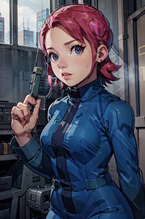 Mayl Sakurai reimagined as a vault dweller, doing maintenance in an underground vault. Her vibrant pink hair stands out against ...