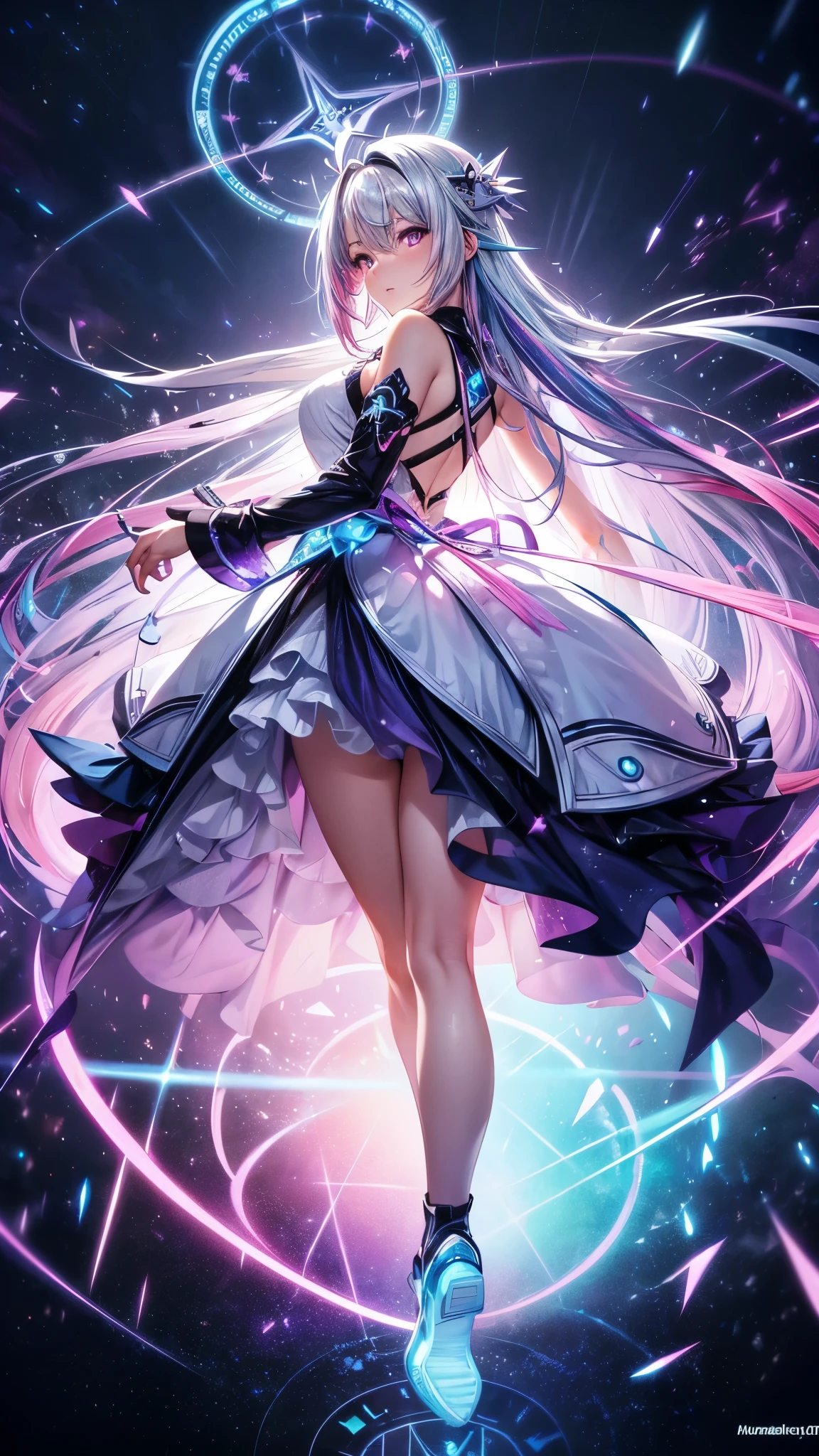 1 girl, one person, (Silver blue hair streaked pink purple:1.4), (Gradient sky blue hair ends:1.6), hair strand, absurdly long hair, single sidelock, wavy hair, shiny hair, floating hair, (Illusion deep purple eyes), delicate eyes, aqua eyes, High like real eyes, ((glowing eyes)), makeup, Focus on face, Very detailed facial, hot body, Random environment, Random pose, on the street, looking at the starry night sky, meteor, Technical clothing masterpiece, White extra long skirt, universe, several cross stars beside, Colored lights swirl around the body, (((Extra super huge colorful extra super complex multiple glowing magic circle upright on the back of the head))), cyberpunk, full body shot, realism anime, chiaroscuro, (glowing light), sparkle, ray tracing, cinematic lighting, Futurism, motion blur, perfect transition, god rays, atmospheric perspective, best quality, UHD, super detail, masterpiece, highres, ccurate, retina, Octane Render