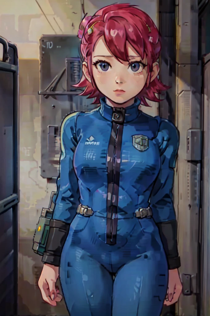 Mayl Sakurai reimagined as a vault dweller, doing maintenance in an underground vault. Her vibrant pink hair stands out against the dimly lit environment. She is a 26-year-old woman dressed in a vault dweller jumpsuit, indicative of her role in the post-apocalyptic world. The jumpsuit is worn but still functional, reflecting the harsh conditions of life underground. Her face is beautifully detailed, with expressive eyes that convey determination and intelligence. Her lips are also well-defined, adding to her overall allure.

In the vault, Mayl Sakurai is seen operating a pipboy, a wrist-worn device that serves as an essential tool and information hub for survival in the vault. The pipboy's screen emits a soft glow, illuminating Mayl's face and casting a subtle green hue on the surroundings. The details on the pipboy, from its buttons to its display, are extremely detailed, showcasing its futuristic design.

The underground vault is filled with mechanical equipment and pipes, emphasizing the importance of maintenance in this post-apocalyptic world. The atmosphere is gritty and industrial, with a hint of mystery and danger. The lighting is dim and has a hint of blue tones, enhancing the underground ambiance.

Despite the grim surroundings, Mayl Sakurai exudes confidence and strength as she jumps into action, ready to fulfill her duties as a vault dweller. Her posture and expression suggest that she is prepared to face any challenge that comes her way.

The image quality should be at its best, with 4K resolution and ultra-detailed rendering, capturing every intricate detail of the scene. The colors should be vivid, emphasizing the contrast between Mayl's vibrant pink hair and the dimly lit environment. The overall style should lean towards a post-apocalyptic concept art aesthetic, blending realism with a touch of fantasy.

In summary, the Stable Diffusion prompt for the provided theme would be:
Mayl Sakurai reimagined as a vault dweller, doing maintenance in an undergr