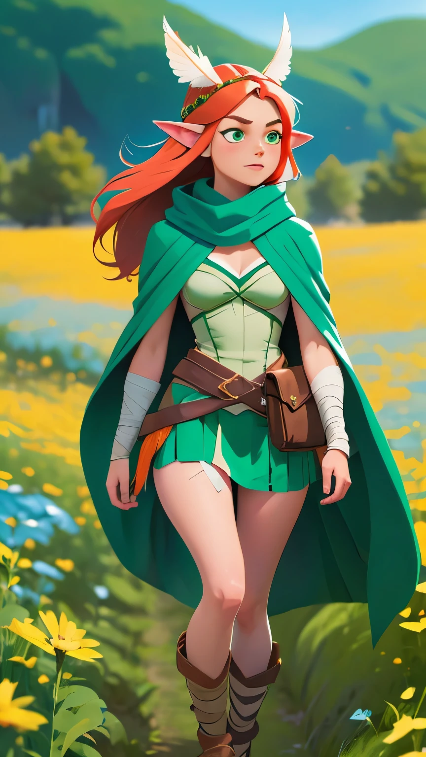 Grass, Sky, Field, League of Legends, 1girl, elf, druid, animal ears, bandage legs, long legs, bandage, bandage, bird legs, bird skull, cape, shut up, ears by headdress, eyes visible through hair, face drawings, feathers, hood, hooded cape, long hair, brown green eyes, Ginger, red hair, colorite hair, armor, blue scarf, scarf, scarf, scarf long hair, hooded scarf, green clothes, green skirt,  long skirt, leather armor, nose ring, nostrils, backpack