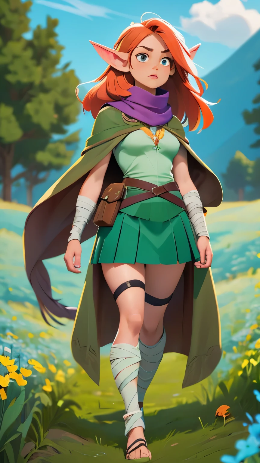 Grass, Sky, Field, League of Legends, 1girl, elf, druid, animal ears, bandage legs, long legs, bandage, bandage, bird legs, bird skull, cape, shut up, ears by headdress, eyes visible through hair, face drawings, feathers, hood, hooded cape, long hair, brown green eyes, Ginger, red hair, colorite hair, armor, blue scarf, scarf, scarf, scarf long hair, hooded scarf, green clothes, green skirt,  long skirt, leather armor, nose ring, nostrils, backpack