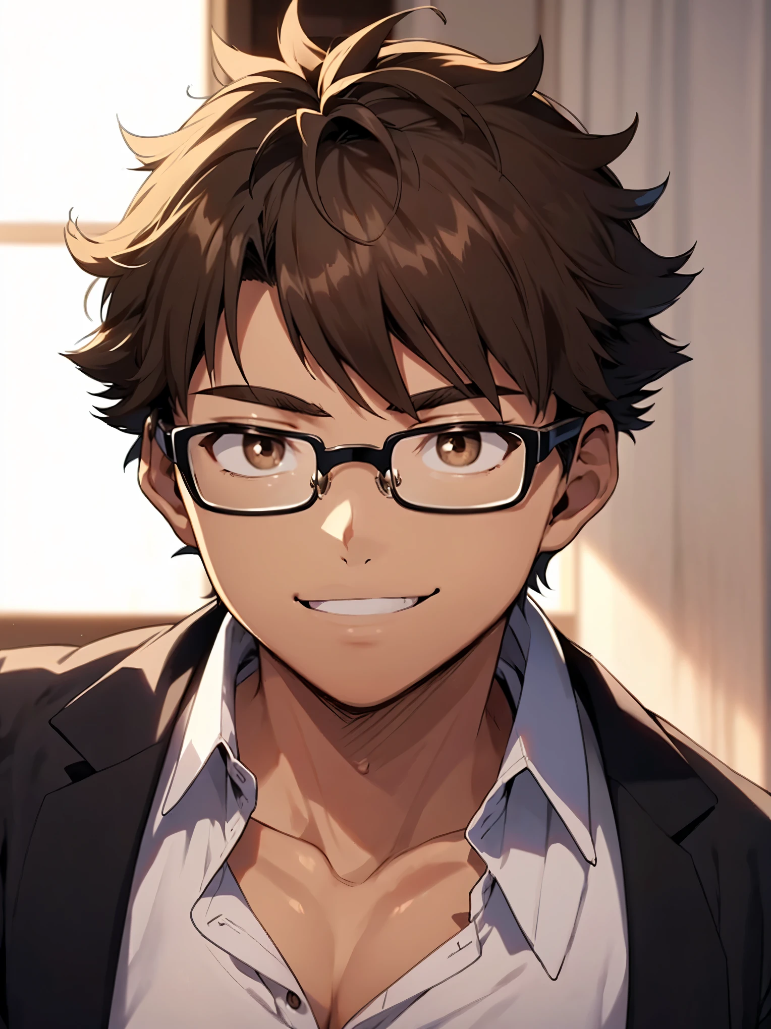 1 boy,15 years old,student,brown hair,(natural perm),brown eyes,drooping eyes,boston glasses,white open collar shirt,(gentle smile),(detailed eyes),detailed skin,(masterpiece,best quality:1.4),Top Quality,High quality,Ultra detailed,insanely detailed,anime style