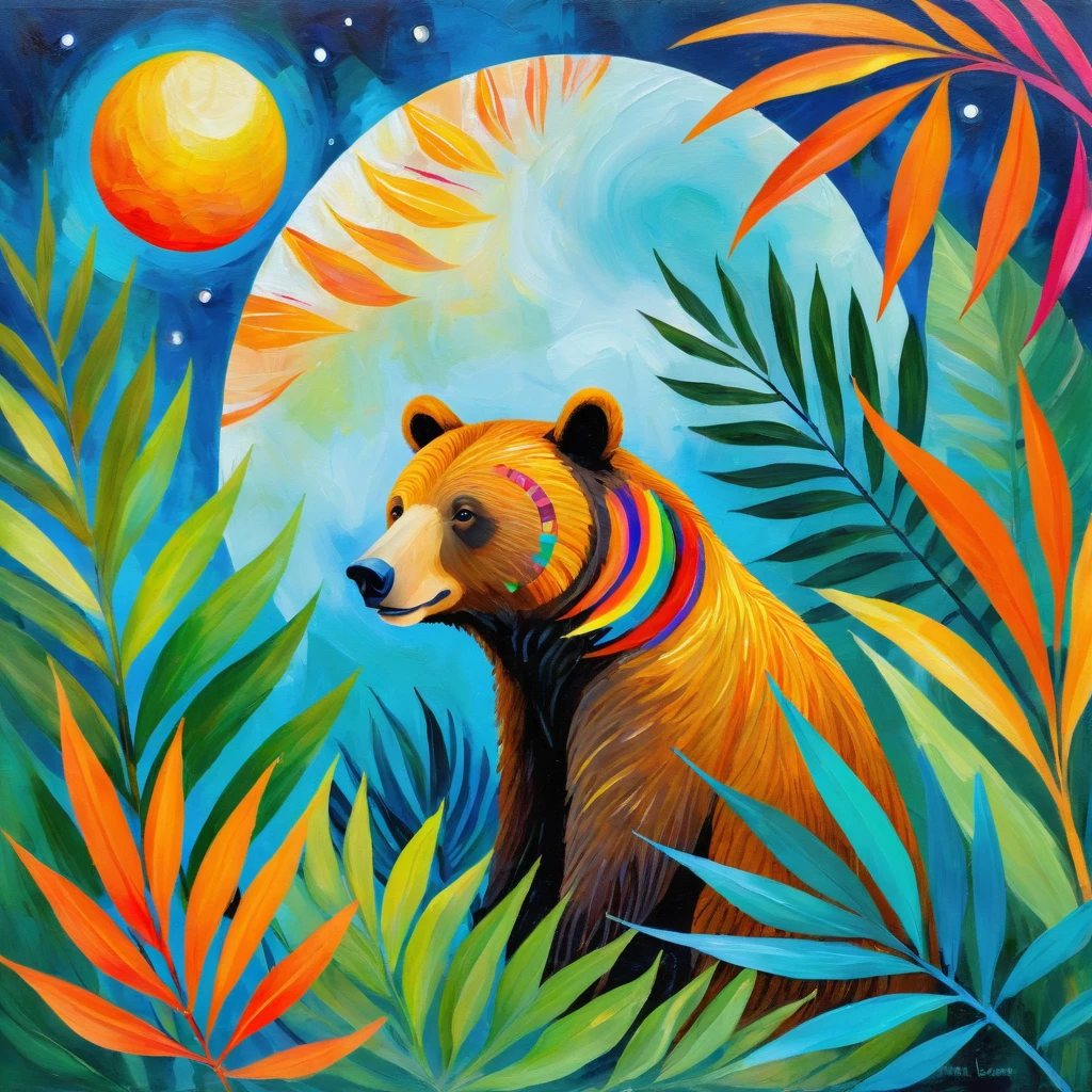 Pintura de arte naïf inspirada en Halyna Kulaga y Laurel Burch de una hermosa mamá oso en la jungla, follaje tropical, una luna colorida, trazos atrevidos, textural.

