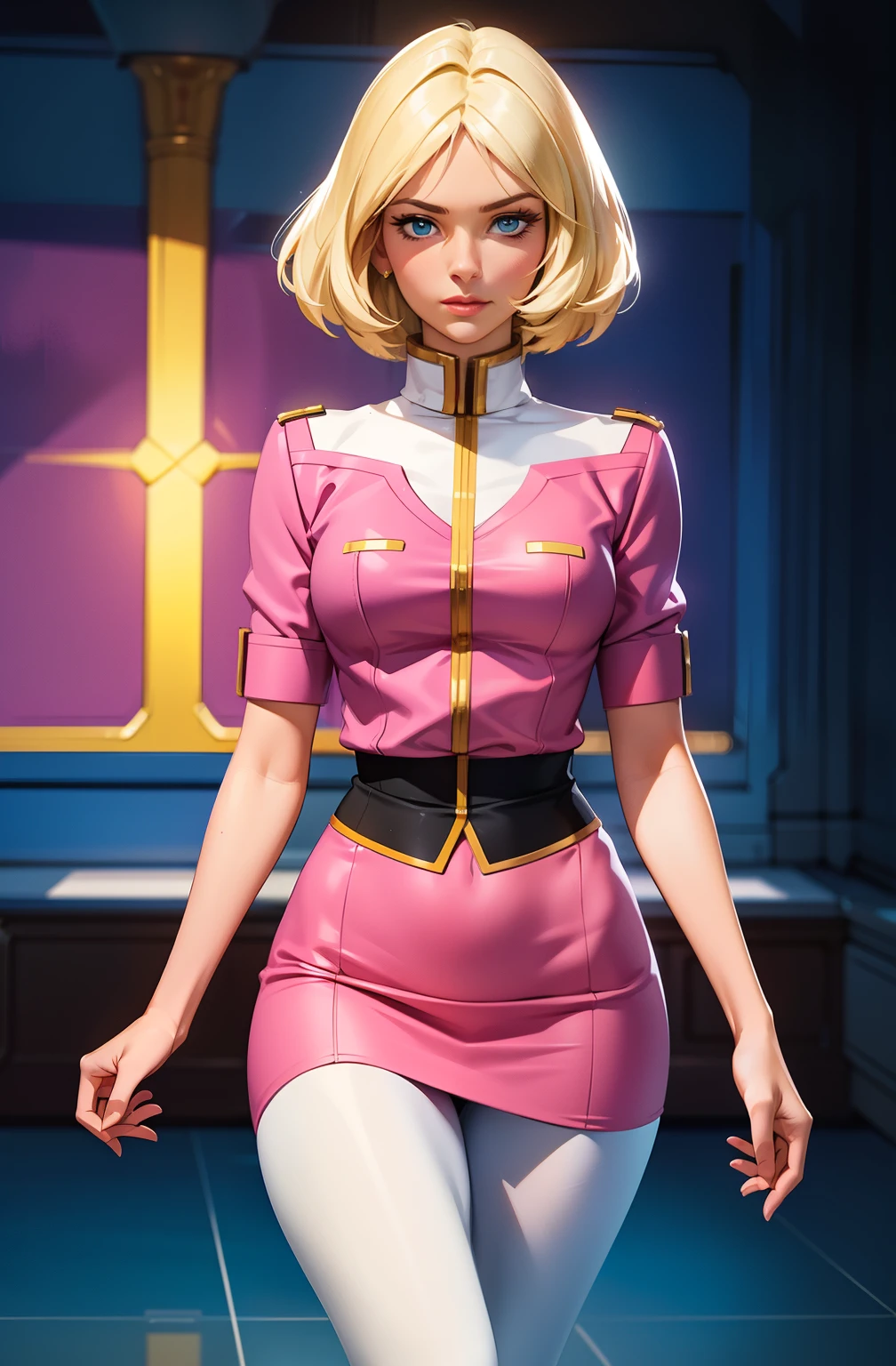 ((masterpiece)), ((cinematic lighting)), realistic photo、Real Images、Top image quality、1girl in, sayla mass, Elegant, masterpiece, Convoluted, slim arms, wide hips, thigh gaps, Best Quality, absurderes, high face detail, Perfect eyes, mature, Cowboy Shot, , Vibrant colors, soft pink uniform, soft pink Skirt, white tights
