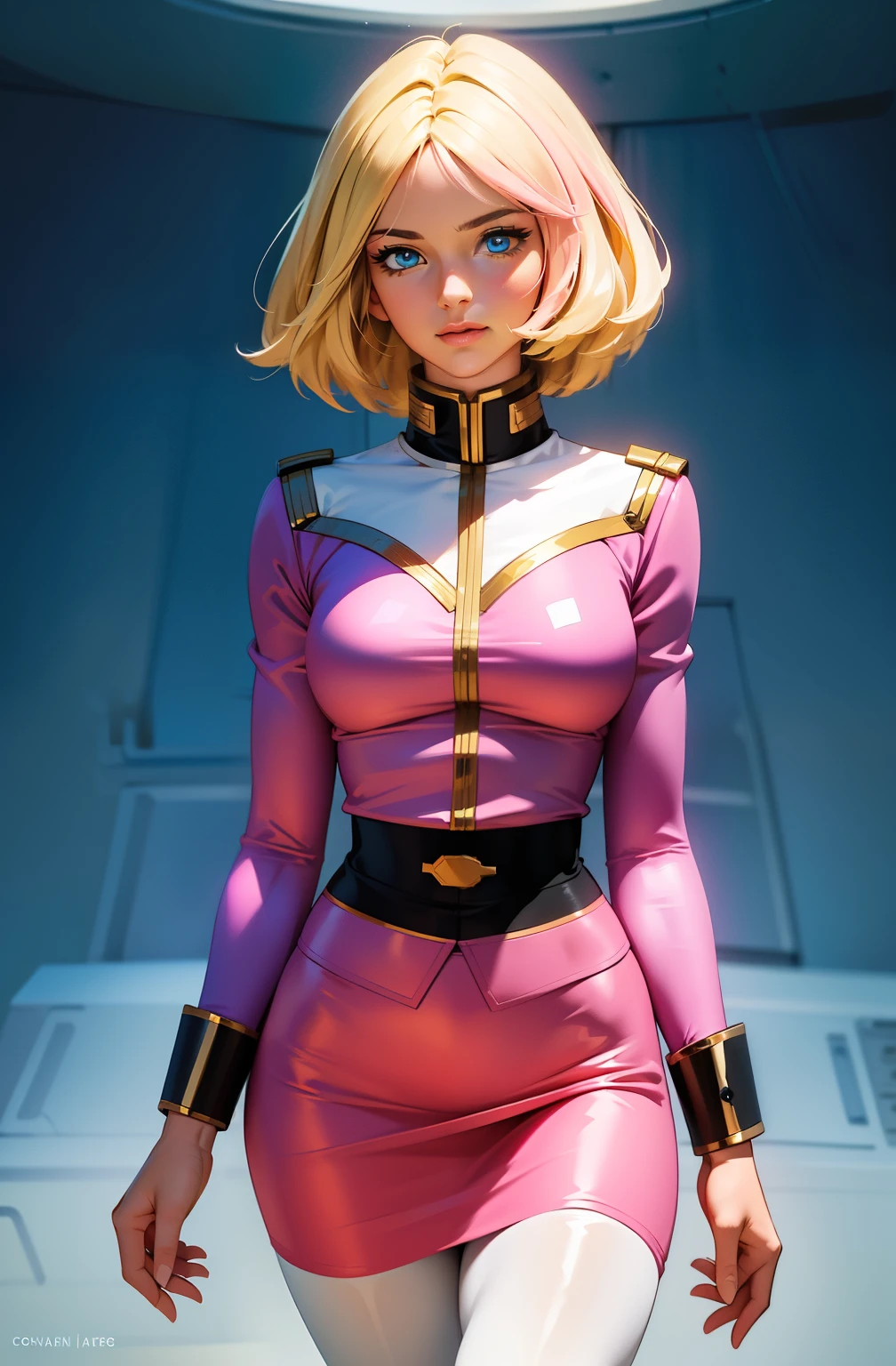 ((masterpiece)), ((cinematic lighting)), realistic photo、Real Images、Top image quality、1girl in, sayla mass, Elegant, masterpiece, Convoluted, slim arms, wide hips, thigh gaps, Best Quality, absurderes, high face detail, Perfect eyes, mature, Cowboy Shot, , Vibrant colors, soft pink uniform, soft pink Skirt, white tights