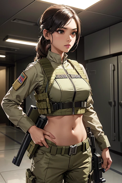 a woman in a white outfit holding a rifle and wearing headphones, 24-year-old woman, Filipino woman, tan bronze skin, soldier girl, mechanized soldier girl, military girl, beautiful female soldier, female lead character, infantry girl, of a sniper girl in war, solo female character, future combat gear, close up half body shot, Women in crop top military bulletproof vest, showing navel, midriff, quiet from metal gear solid v, wearing tactical gear, dressed in tactical armor, (((aiming rifle)))