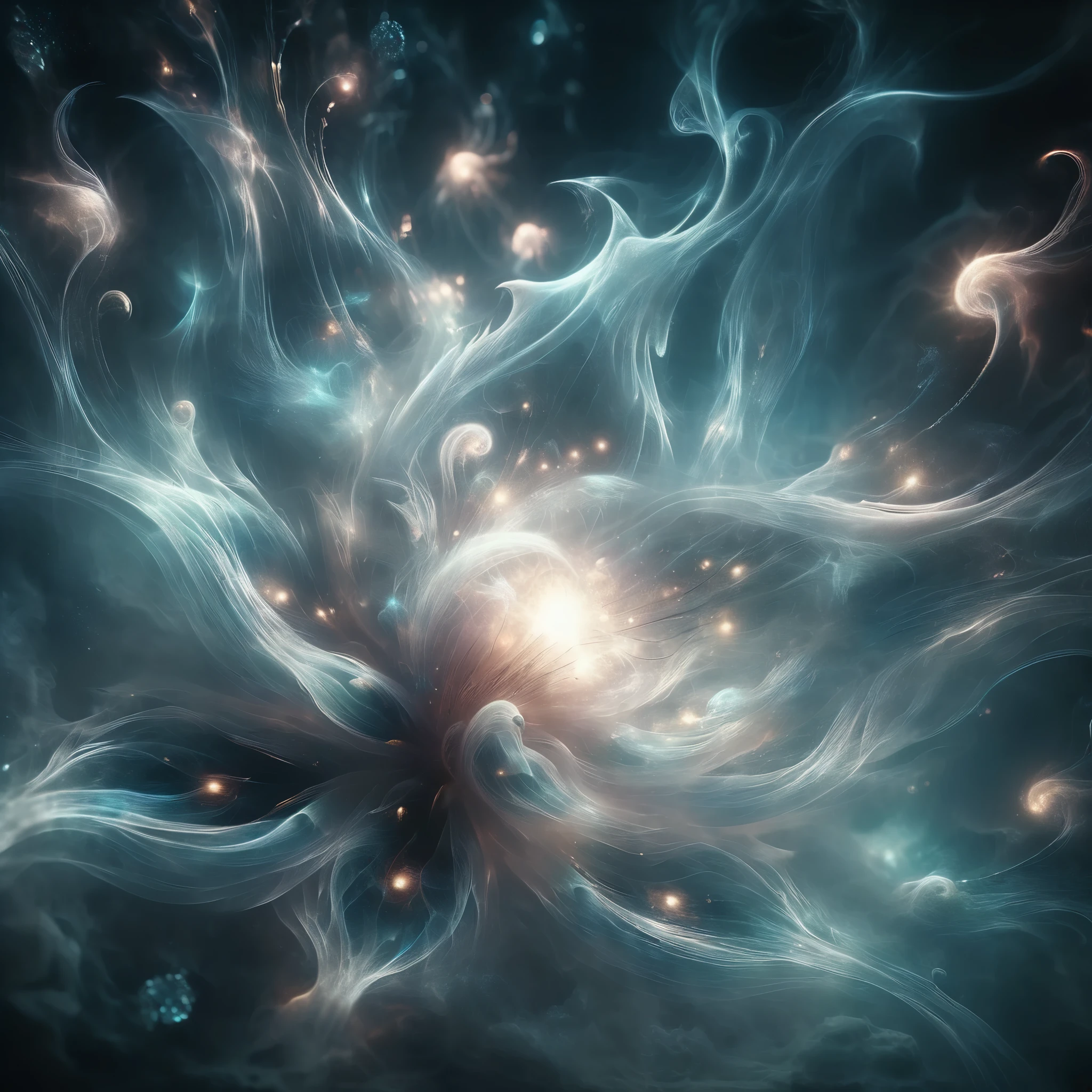 Blend fantasy and reality as 3D fireworks merge with ethereal fractal creatures, symbolizing the sea, their shimmering forms intertwining in a celestial symphony of light and motion, evoking the awe-inspiring beauty of the cosmos.