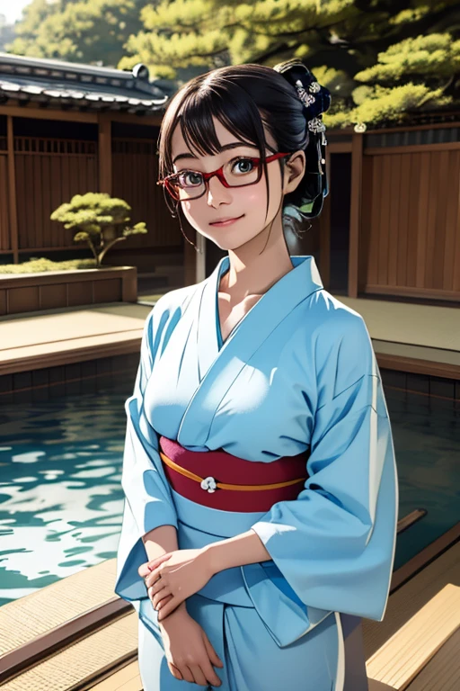 (masterpiece, highest quality), One Girl,  Satou, Satou, Glasses, yukata, Satou, Glasses, 赤いフレームのGlasses, Onsen town in Japan:1.5,Head to waist,yukata:1.6,hot spring,Dogo Onsen,Kusatsu Hot Springs,