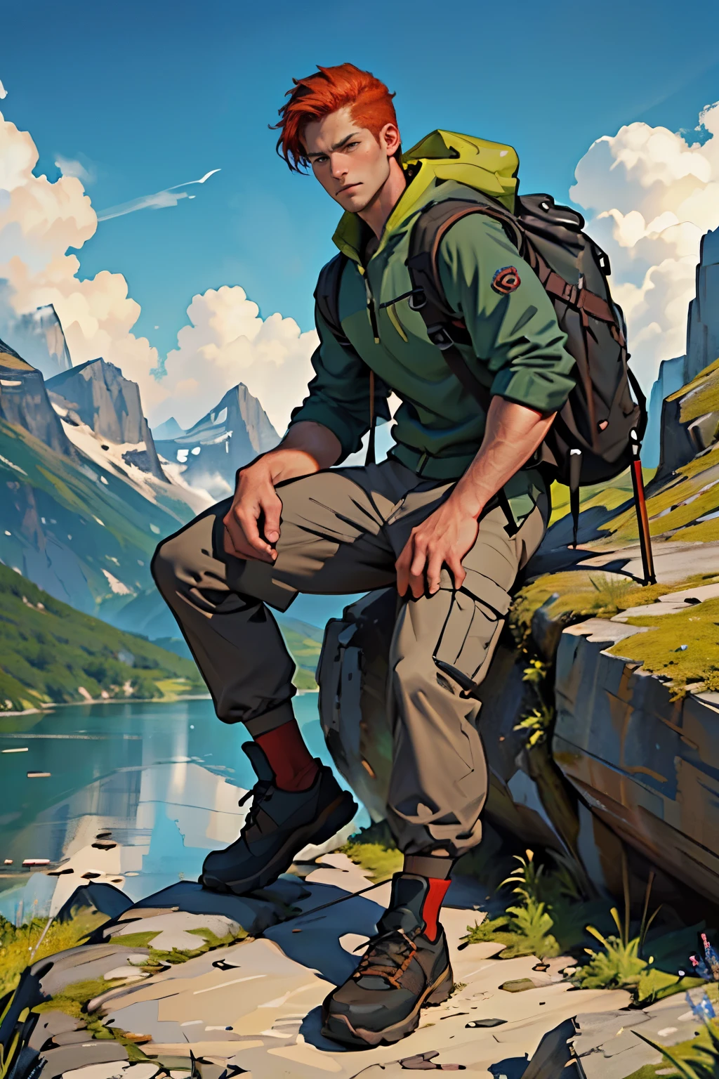 ((portrait of 1 man hiking)), wearing hiking clothes, strong man, ((tough)), mountain trail, nature, outdoor background, muscular, atractive, handsome, (((redhead))), sexy, mountain, lake, trail, clear blue sky, serene atmosphere, colorful wildflowers, crisp mountain air, hiking boots, backpack, walking stick, reliable equipment, natural lighting, UHD., highres, masterpiece, ((anatomically correct)), textured skin, super detail, high quality, 4K, 8k, highres, (((full body shot))), (((portrait))), perfect face, (((confident facial expression))), big beautiful eyes.