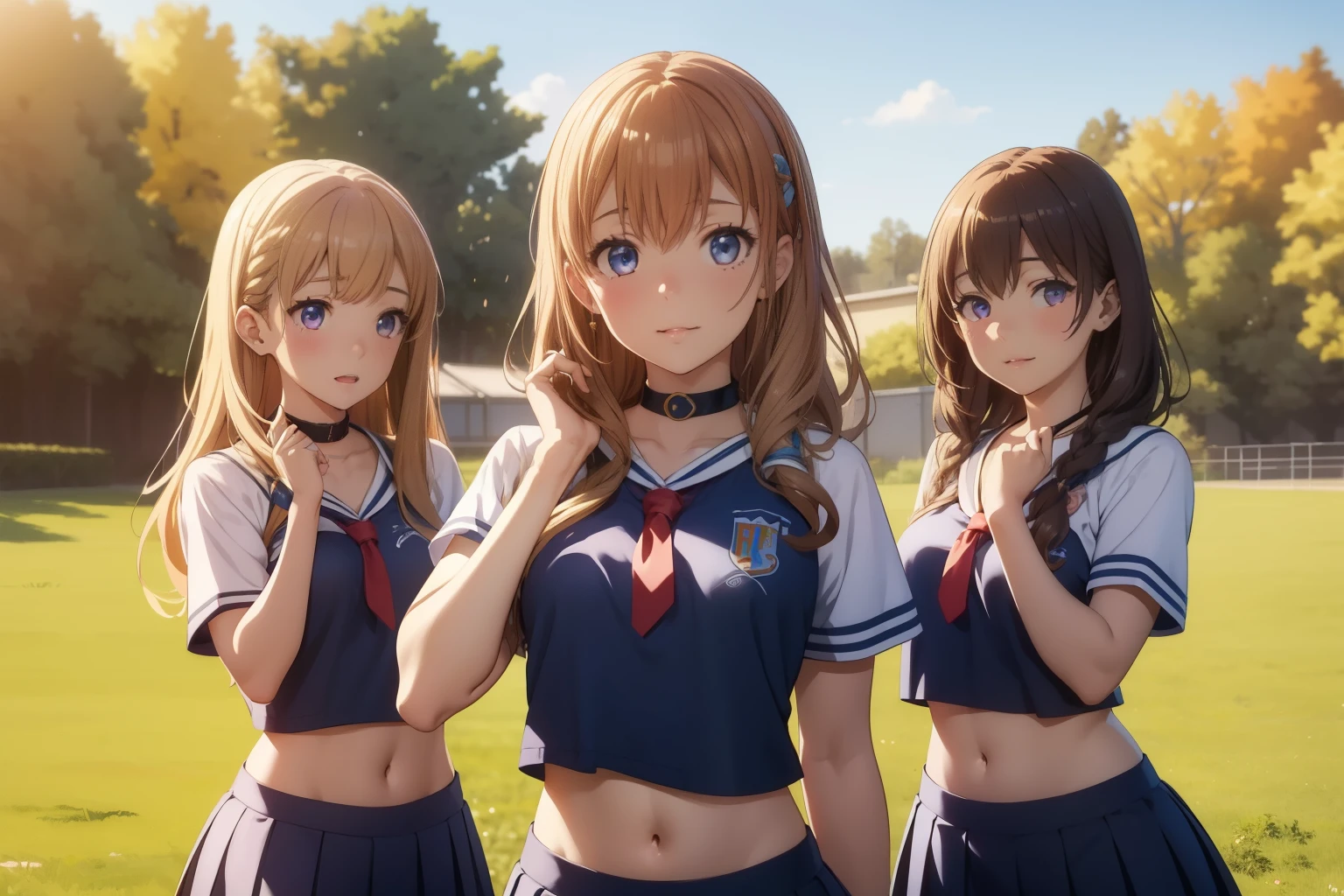 5 meninas, (várias garotas), Altamente detalhado, melhor qualidade, ilustração, jogo cg, anatomia perfeita, Linda garota de rosto fofo, cabelo bonito, lindos olhos detalhados, gargantilha, Líder de torcida, barriga, top apertado, campo escolar, iluminação natural, Aichan, Latifa Floranza, yuigahama yui