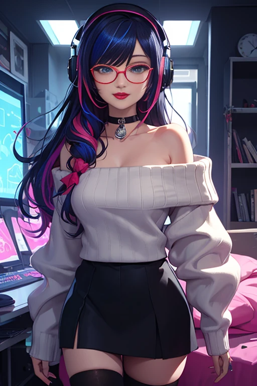 ((best quality)), ((masterpiece)), (detailed), perfect face, female, gamer girl, aqua eyes, cherry-red lips, light smile, long black hair, purple streaks, wearing headphones, bangs, ribbon, choker, bracelet, nerdy glasses, sleeves past fingers, black off-shoulder sweater, skirt, thigh-highs, gamer girl's bedroom, nighttime, neon lights, colorful lights