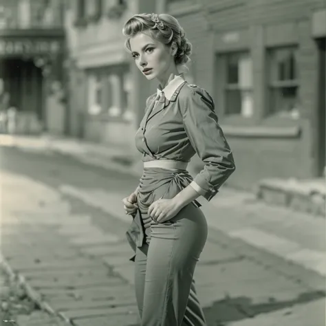 full body portrait of betty seite, allein (im kurzen matrosen-outfit, 1940er jahre, sehr detailiert: 1.5), (fein detailliertes g...