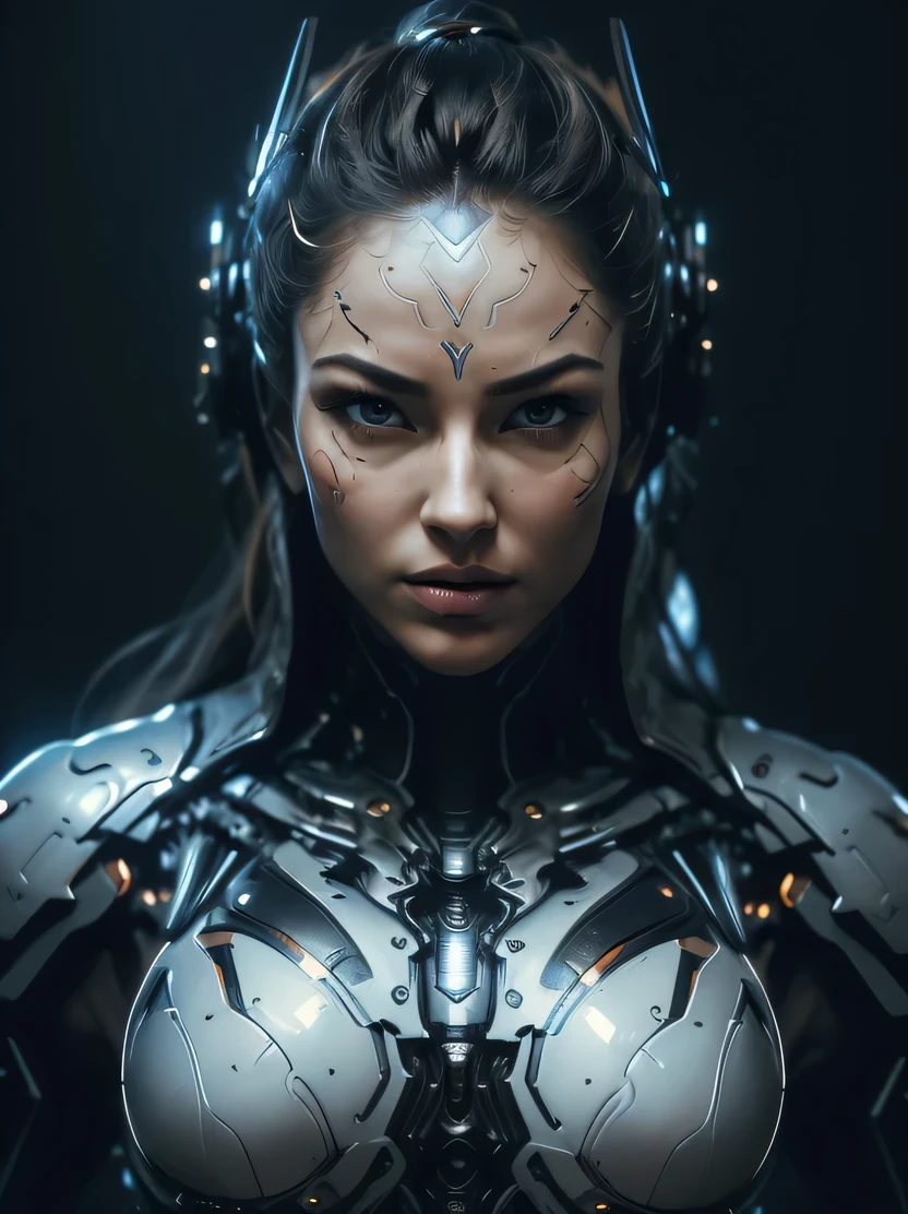 ((Masterpiece, top quality, highly detailed, high resolution, photorealistic, sharp focus, cinematic lighting)), ((solo woman, middle shot, focus from the chest up, face light)), high contrast , Warflame close-up, monocular lens, wearing intricately patterned armor, villain cyborg, alien cyborg, Crisis nano suit, assassin's elaborate mech armor, bad guy's face in armor, cool cyborg Still photo, looking at viewer, black mecha
