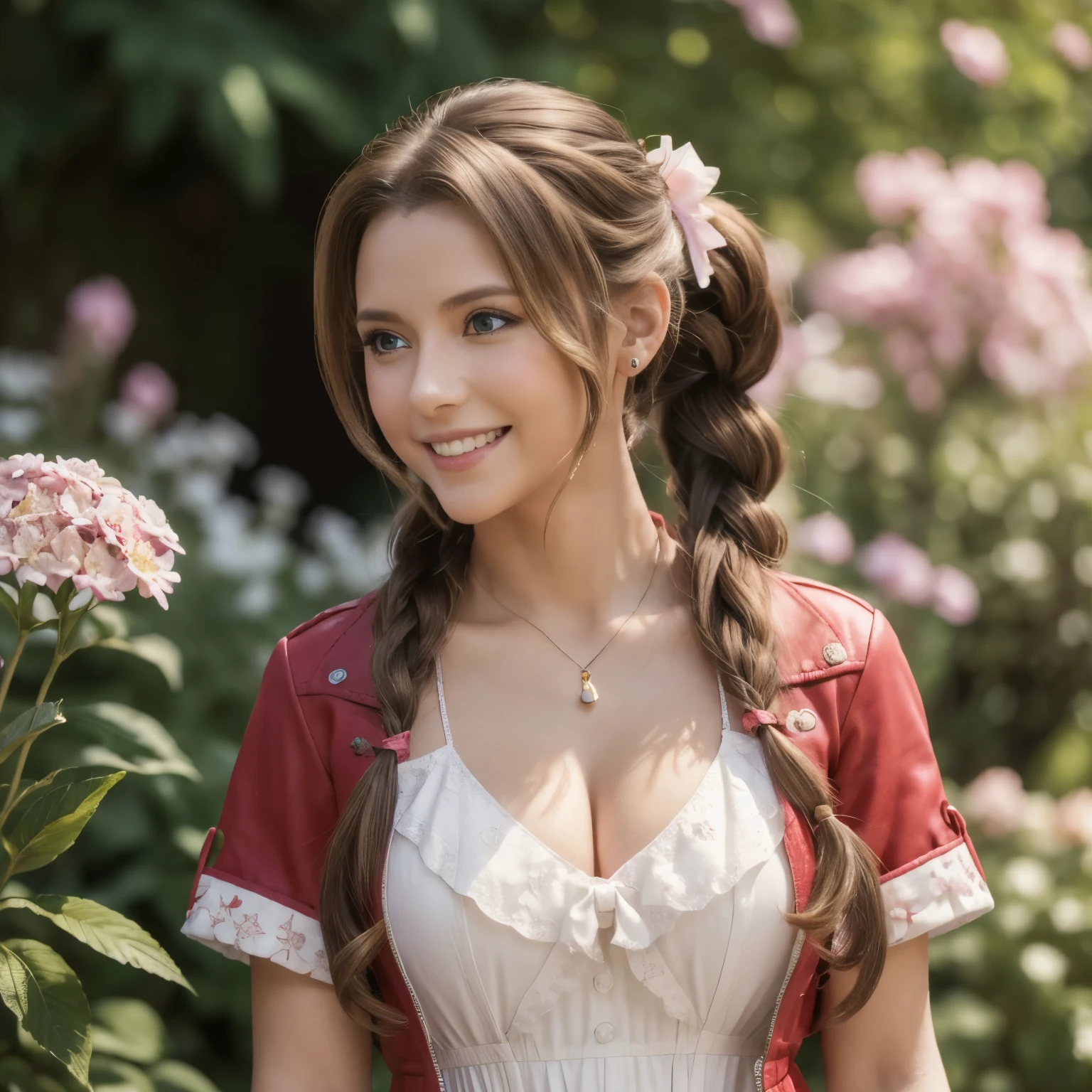 UHD, (masterpiece, highest quality), Aerith Gainsborough, (1 young beautiful girl, solo:1.1), (hair, long hair, brown hair, dutch hair, single ponytail, Braided ponytail, bow, ribbon, hair bow, ponytail ribbon, big ribbon), (Eyes, (Big Eyes:1.2), green Eyes), jewelry, necklace, (Breasts, Natural Breasts,( Big Breasts:1.2)), Braid, flower, side lock, lips, parted lips, bracelet, (Jacket, Red Jacket, Open Jacket, short sleeve, cropped Jacket), (Dress, Long Dress, Pink Dress, V-nack), Depth of the bounds written, white flower, realistic, nose, (shots, full-body shots, cowboy shots), garden, blossoming garden, Natural Light Portraits, smile, happy smile,