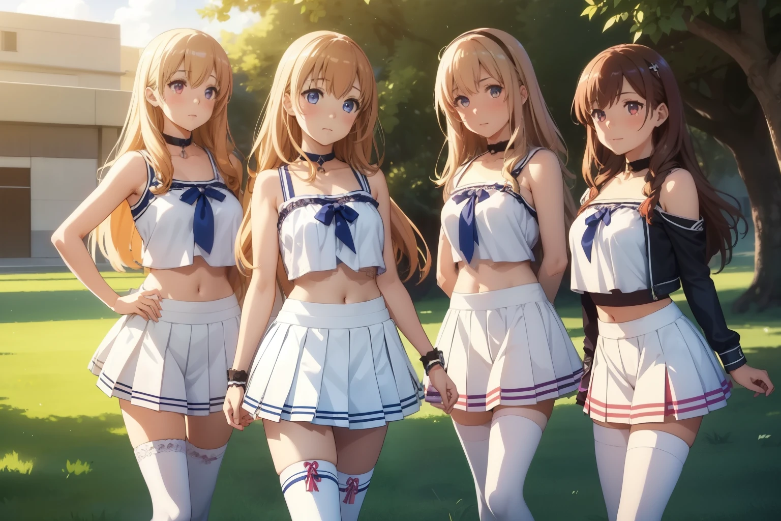 5girls, (multiple girls), highly detailed, best quality, illustration, game cg, perfect anatomy, beautiful cute face girl, beautiful hair, beautiful detailed eyes, choker, cheerleader, midriff, school field, natural lighting, aichan, latifa fleuranza, yuigahama yui, white thigh highs, collarbone