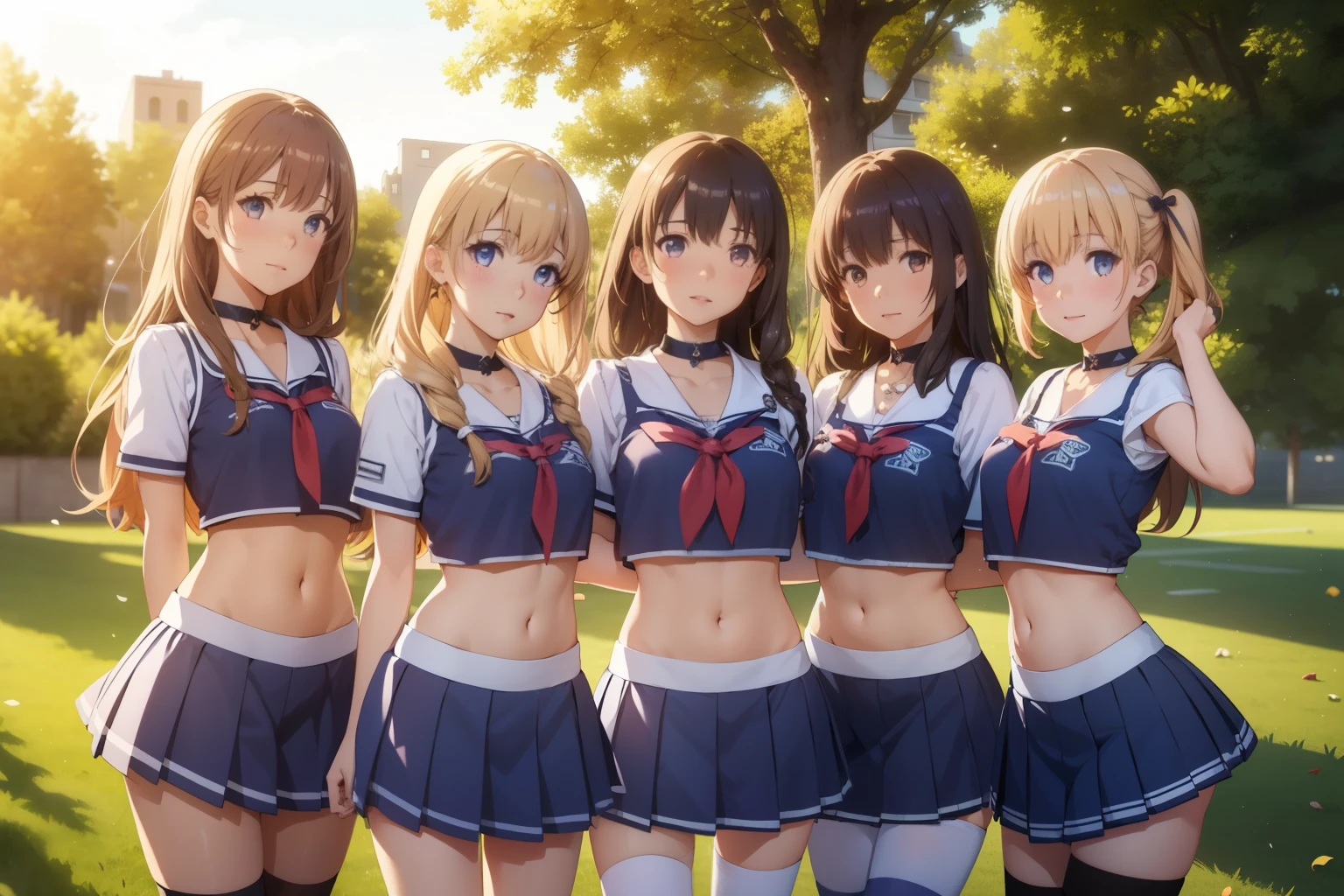 5girls, (multiple girls), highly detailed, best quality, illustration, game cg, perfect anatomy, beautiful cute face girl, beautiful hair, beautiful detailed eyes, choker, cheerleader, midriff, school field, natural lighting, aichan, latifa fleuranza, yuigahama yui, white thigh highs, collarbone