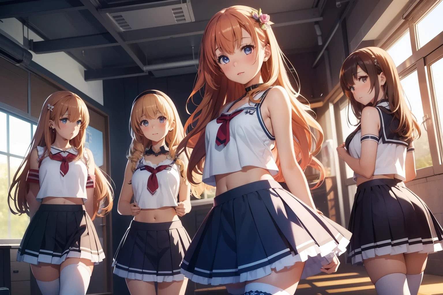 5 meninas, (várias garotas), altamente detalhado, melhor qualidade, ilustração, jogo cg, anatomia perfeita, Linda garota de rosto fofo, cabelo bonito, lindos olhos detalhados, gargantilha, líder de torcida, barriga, campo escolar, iluminação natural, Aichan, Latifa Floranza, yuigahama yui, Meias brancas, clavícula, sem mangas