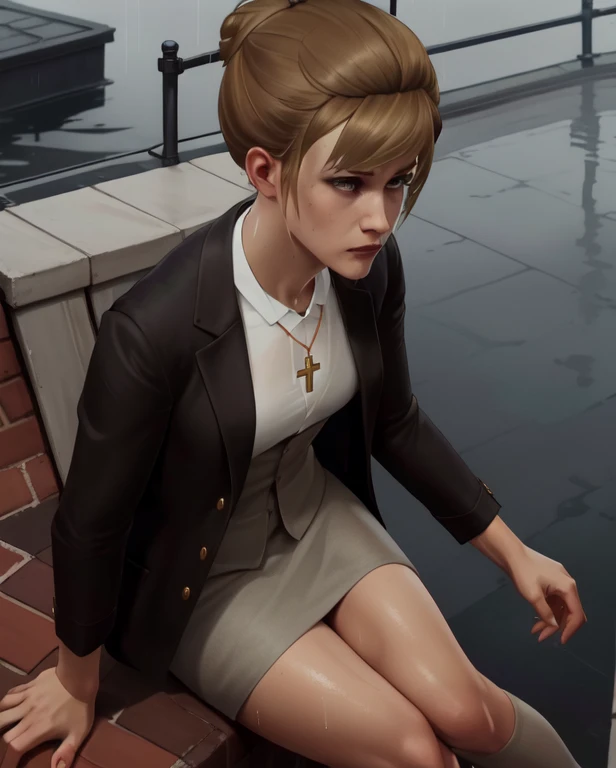 (highres, best quality:1.3), kat3LIS, dark blonde hair, hair bun, hazel eyes, slender, wool blazer, cross necklace, raining, wet clothing, wet skin, from above, wide shot, (sullen expression:1.2), (sitting on parapet:1.1), rooftop, tall red brick building, private school, oregon, skinny body 