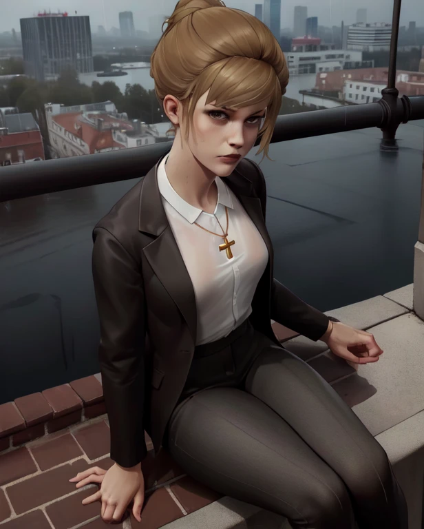 (highres, best quality:1.3), kat3LIS, dark blonde hair, hair bun, hazel eyes, slender, wool blazer, cross necklace, raining, wet clothing, wet skin, from above, wide shot, (sullen expression:1.2), (sitting on parapet:1.1), rooftop, tall red brick building, private school, oregon, skinny body 