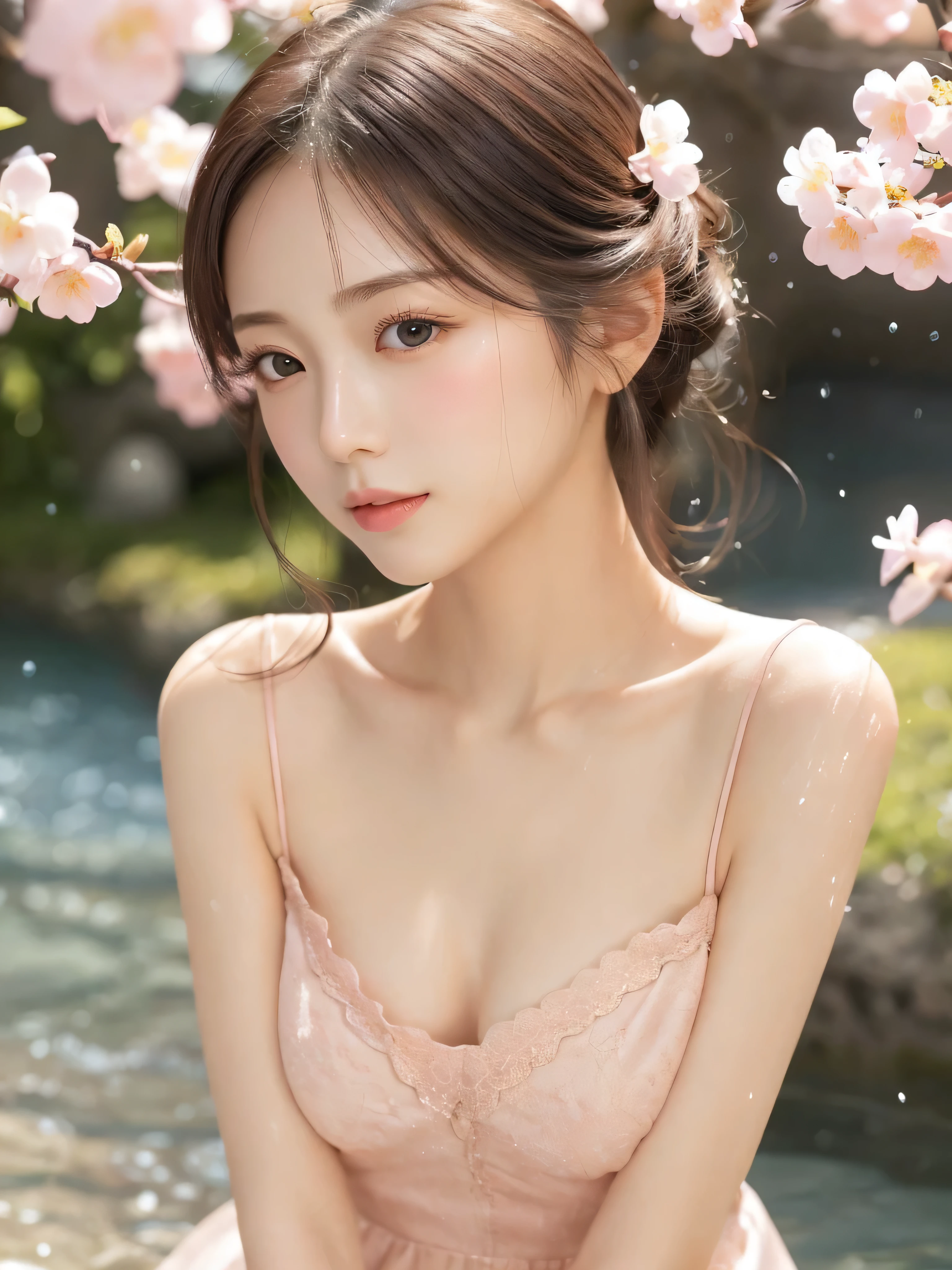 Gentle and charming Japanese women、 beautiful woman, half-length photo, delicate and sexy collarbone, charming oval face, double eyelids, vivid peach blossom eyes, pink lips, small nose, bare shoulders, focused face, face close-up, ultra-high-definition, Super details, elegant standing posture, ultra-thin light-transmitting wet yarn